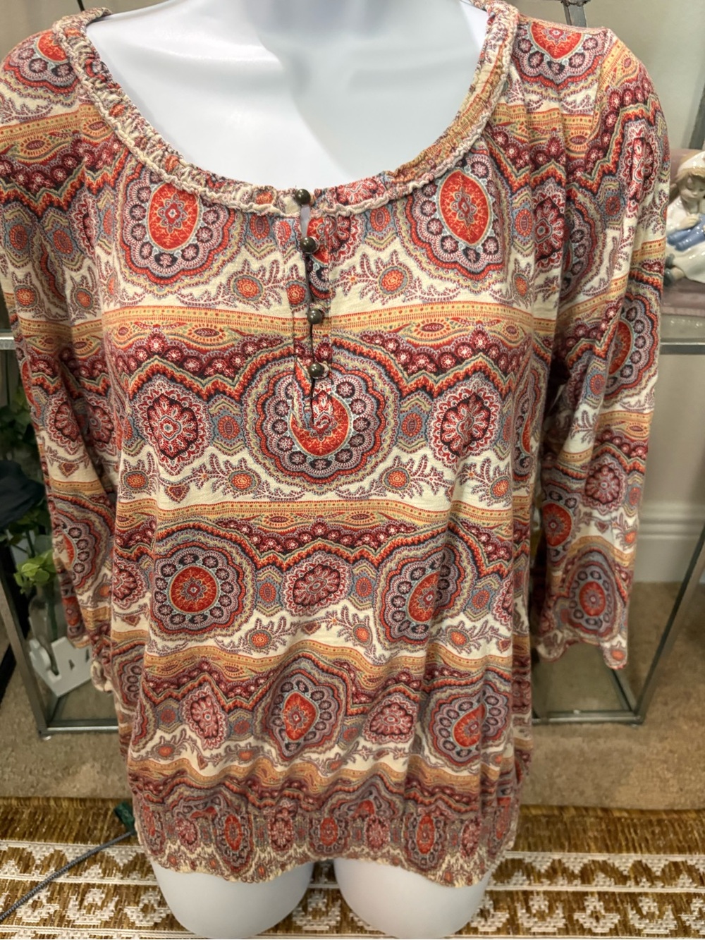 Lucky Brand womens round neck 3/4 sleeve boho elastic waist top multi color LG